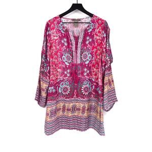 SHARON YOUNG Tunic Blouse Pink Blue Cream L